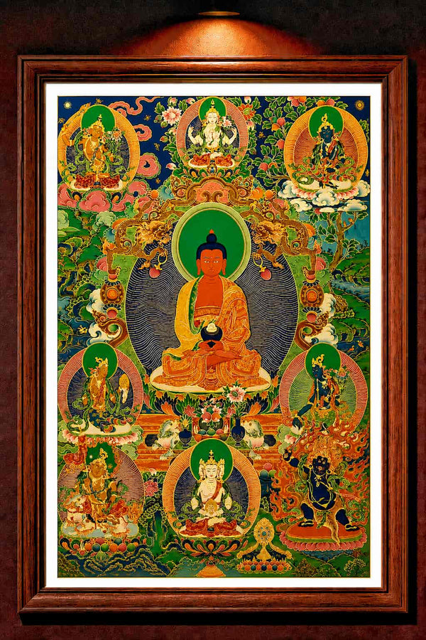24K Gold Amitabha Thangka Panorama Framed - Amitayus Infinite Light Western Paradise Sacred Art Wall Display design by Master Xi