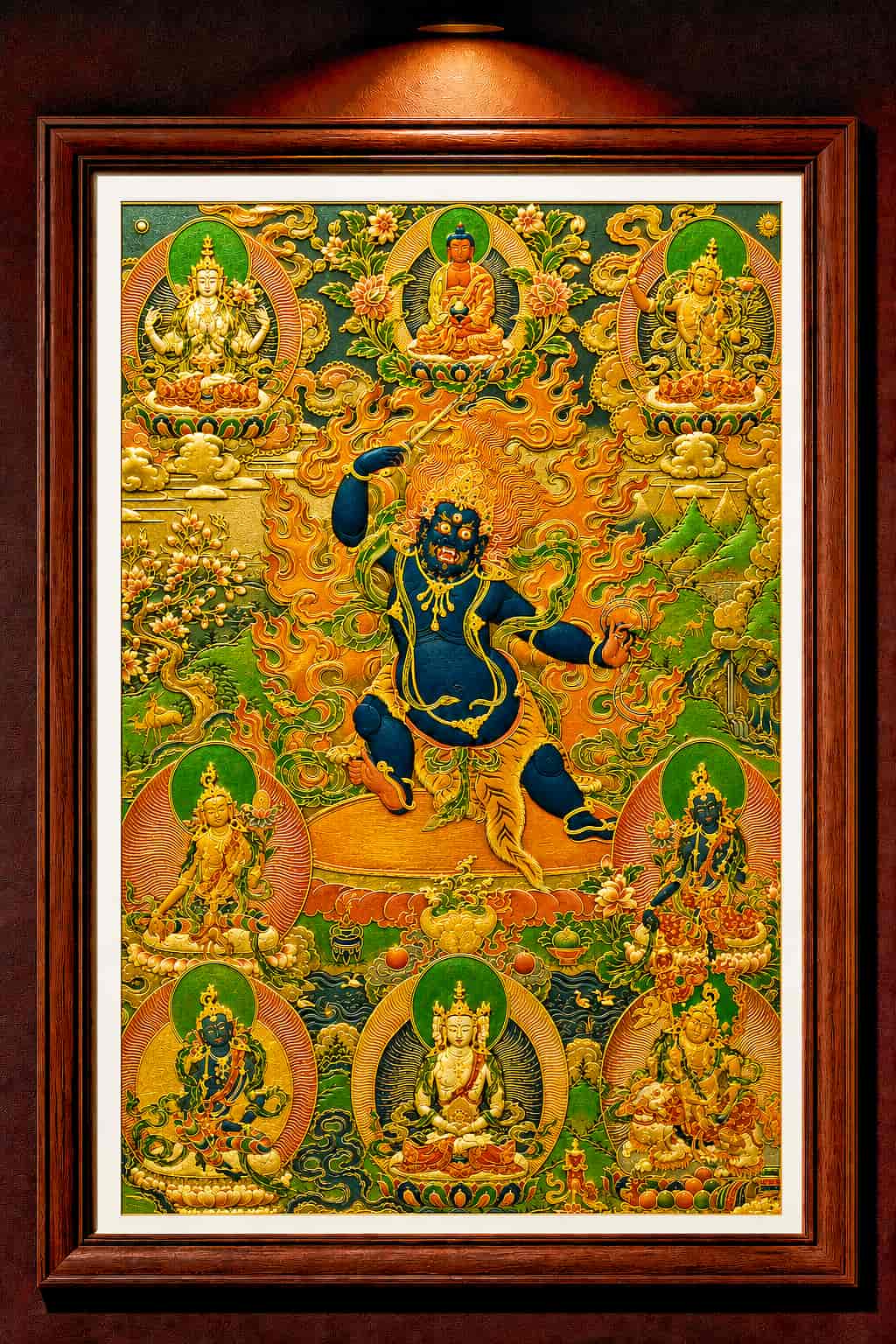 24K Gold Acala Thangka Panorama Framed - Wrathful Protector Fudomyo Sacred Art Wall Display design by Master Xi