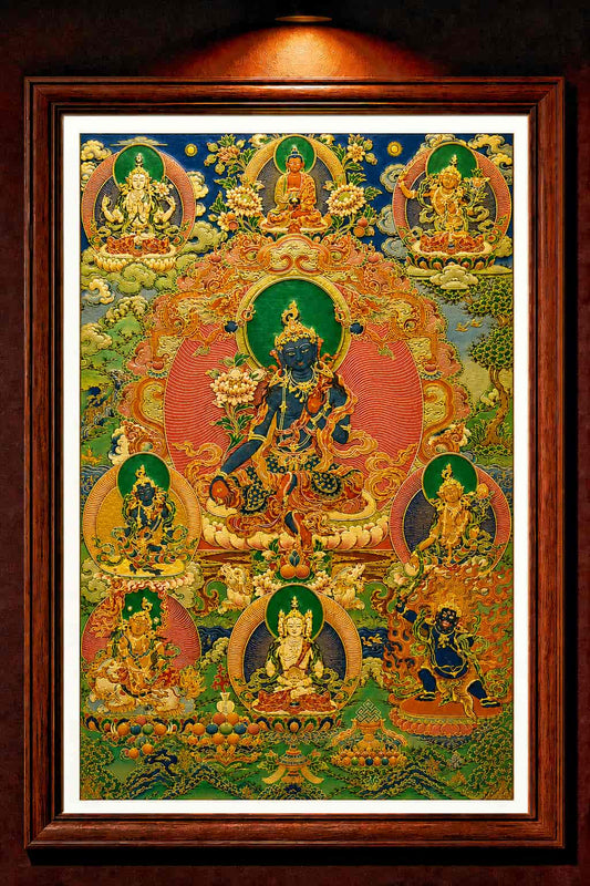 24K Gold Akashagarbha Thangka Panorama Framed - Wealth Bodhisattva Xukongzang Sacred Art Wall Display design by Master Xi