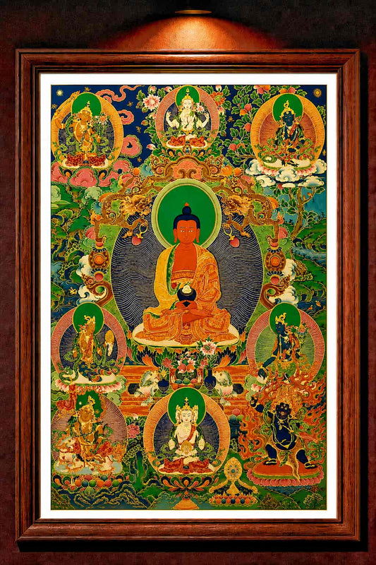 24K Gold Amitabha Thangka Panorama Framed - Amitayus Infinite Light Western Paradise Sacred Art Wall Display design by Master Xi