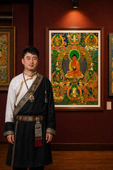 24K Gold Amitabha Thangka Master Certification - Rebgong Heritage Artisan Signed Thangka Art design by Master Xi