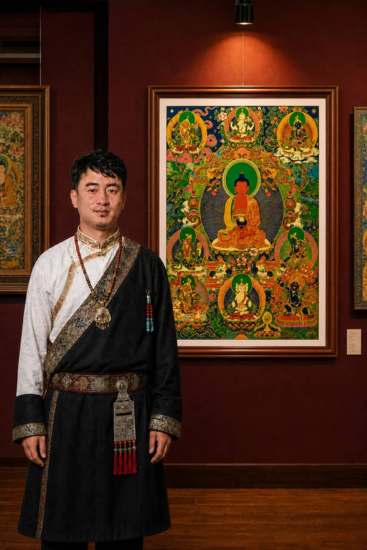 24K Gold Amitabha Thangka Master Certification - Rebgong Heritage Artisan Signed Thangka Art design by Master Xi