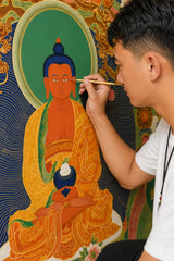 24K Gold Amitabha Thangka Face Eyes Detail - Five Wisdom Crown Lotus Throne Dhyana Mudra Infinite Light Halo design by Master Xi