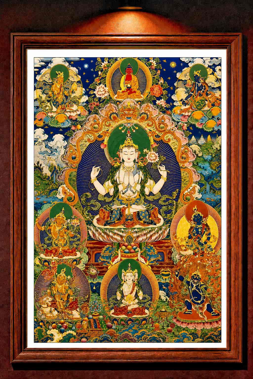 24K Gold Four-Armed Avalokitesvara Thangka Panorama Framed - Chenrezig Guanyin Compassion Sacred Art Wall Display design by Master Xi
