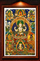 24K Gold Four-Armed Avalokitesvara Thangka Panorama Framed - Chenrezig Guanyin Compassion Sacred Art Wall Display design by Master Xi