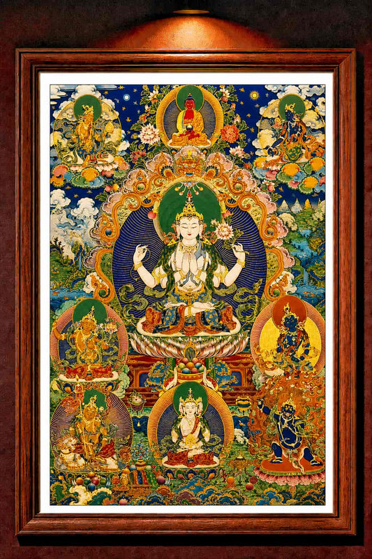 24K Gold Four-Armed Avalokitesvara Thangka Panorama Framed - Chenrezig Guanyin Compassion Sacred Art Wall Display design by Master Xi