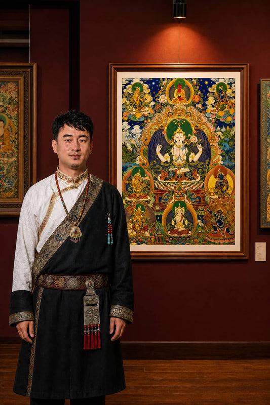 24K Gold Four-Armed Avalokitesvara Thangka Master Certification - Rebgong Heritage Artisan Signed Thangka Art design by Master Xi