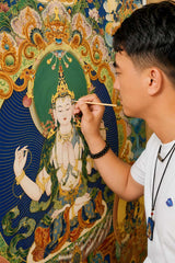 24K Gold Four-Armed Avalokitesvara Thangka Face Eyes Detail - Four Arms Mudra Crystal Rosary Lotus Crown Guanyin design by Master Xi