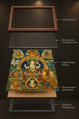 24K Gold Four-Armed Avalokitesvara Thangka Mounting Craft - Museum Grade Solid Wood Frame Moisture Proof Back Panel design by Master Xi