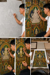 24K Gold Four-Armed Avalokitesvara Thangka Painting Process - Master Hand Drawing Outlining Coloring Gilding Mounting Steps design by Master Xi