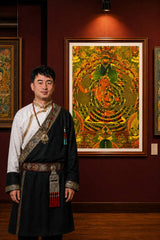 24K Gold Manjushri Thangka Master Certification - Rebgong Heritage Artisan Signed Thangka Art design by Master Xi
