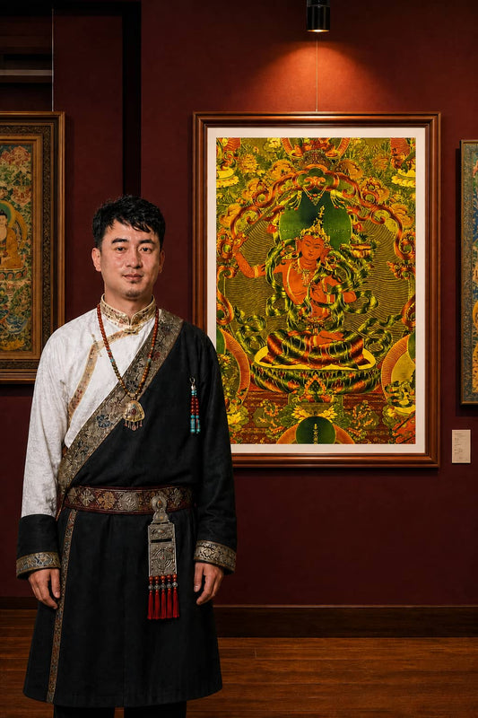 24K Gold Manjushri Thangka Master Certification - Rebgong Heritage Artisan Signed Thangka Art design by Master Xi