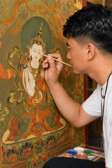 24K Gold Manjushri Thangka Face Eyes Detail - Sword of Wisdom Lotus Scripture Crown Wenshu design by Master Xi