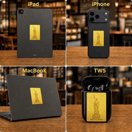 24K Gold Phone Sticker Dizang Bodhisattva on iPhone 17 Lifestyle Scene design by Master Xi