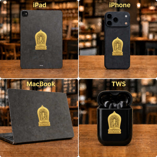 24K Gold Phone Sticker Sakyamuni Buddha on iPhone 17 Lifestyle Scene design by Master Xi