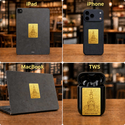 24K Gold Phone Sticker Samantabhadra Bodhisattva on iPhone 17 Lifestyle Scene design by Master Xi