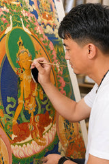 24K Gold Samantabhadra Thangka Face Eyes Detail - Five Wisdom Crown Lotus Throne Vajra Elephant Mount design by Master Xi